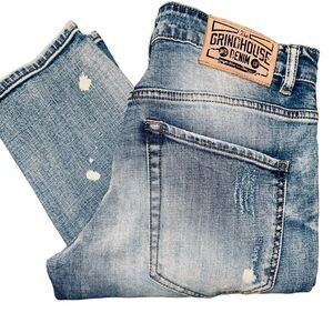 Men's Grindhouse Destroyed Bleach‎ Denim Jeans Size 32 Lt Wash Straight Stretch